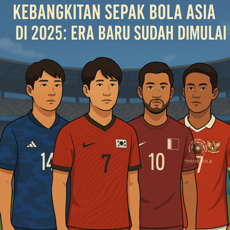 Ilustrasi pemain sepak bola Asia dari Jepang, Korea Selatan, Qatar, dan Indonesia di Stadion 2025.