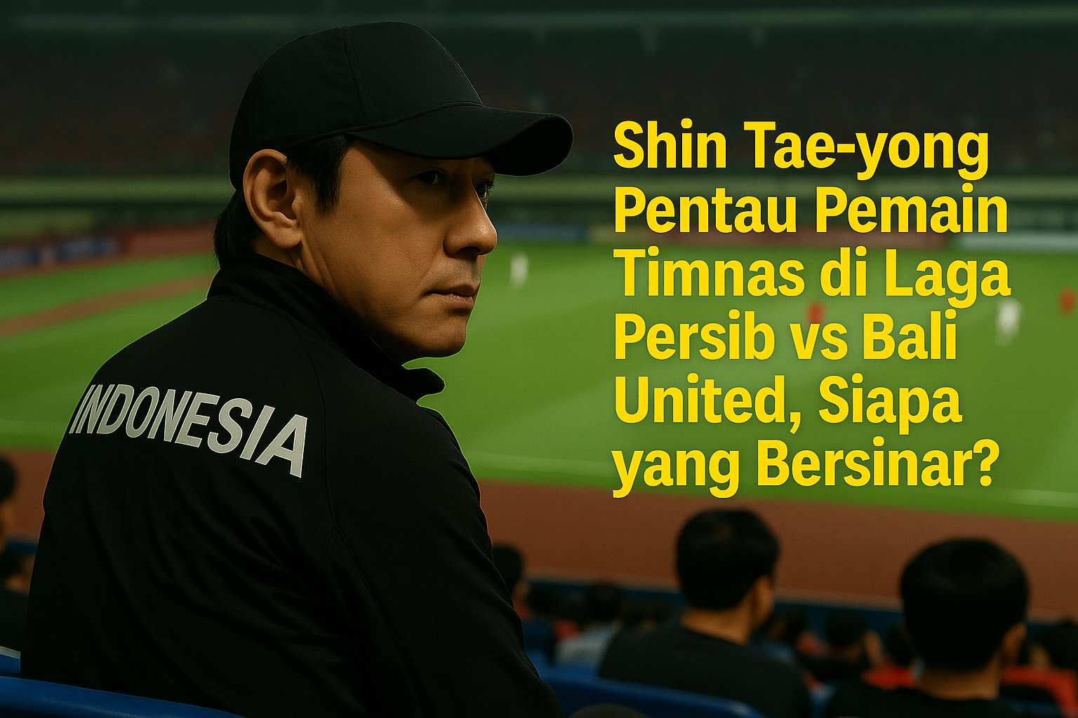 Shin Tae-yong duduk di tribun stadion sambil memantau pertandingan Persib vs Bali United dengan serius, mengenakan jaket bertuliskan INDONESIA
