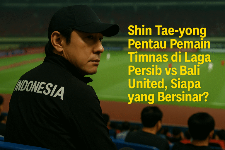 Shin Tae-yong duduk di tribun stadion sambil memantau pertandingan Persib vs Bali United dengan serius, mengenakan jaket bertuliskan INDONESIA