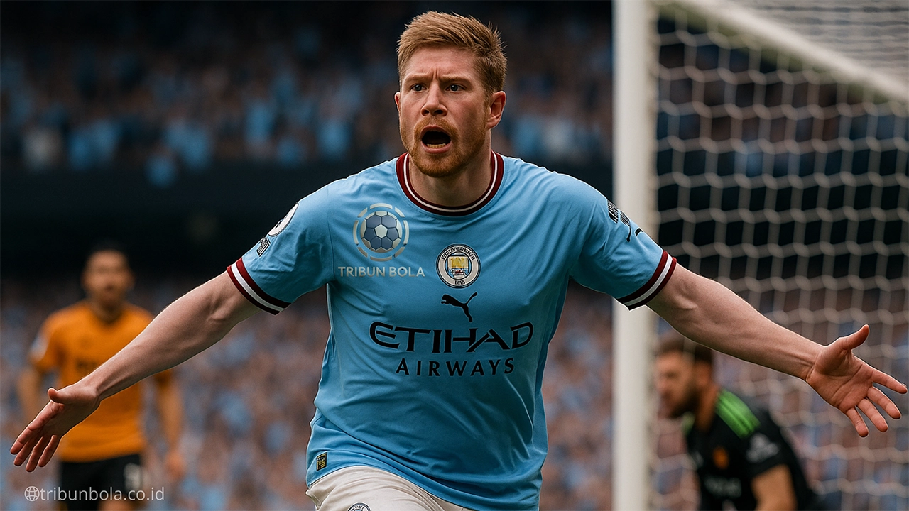 Kevin De Bruyne merayakan gol kemenangan Manchester City ke gawang Wolverhampton, 2 Mei 2025 di Etihad Stadium.