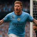 Kevin De Bruyne merayakan gol kemenangan Manchester City ke gawang Wolverhampton, 2 Mei 2025 di Etihad Stadium.
