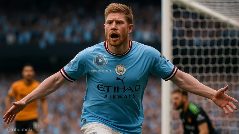 Kevin De Bruyne merayakan gol kemenangan Manchester City ke gawang Wolverhampton, 2 Mei 2025 di Etihad Stadium.