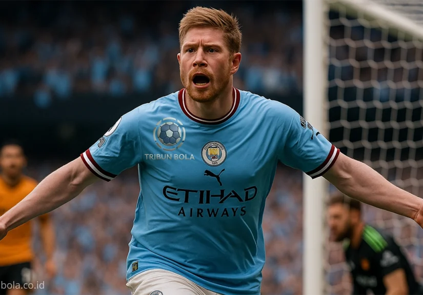 Kevin De Bruyne merayakan gol kemenangan Manchester City ke gawang Wolverhampton, 2 Mei 2025 di Etihad Stadium.