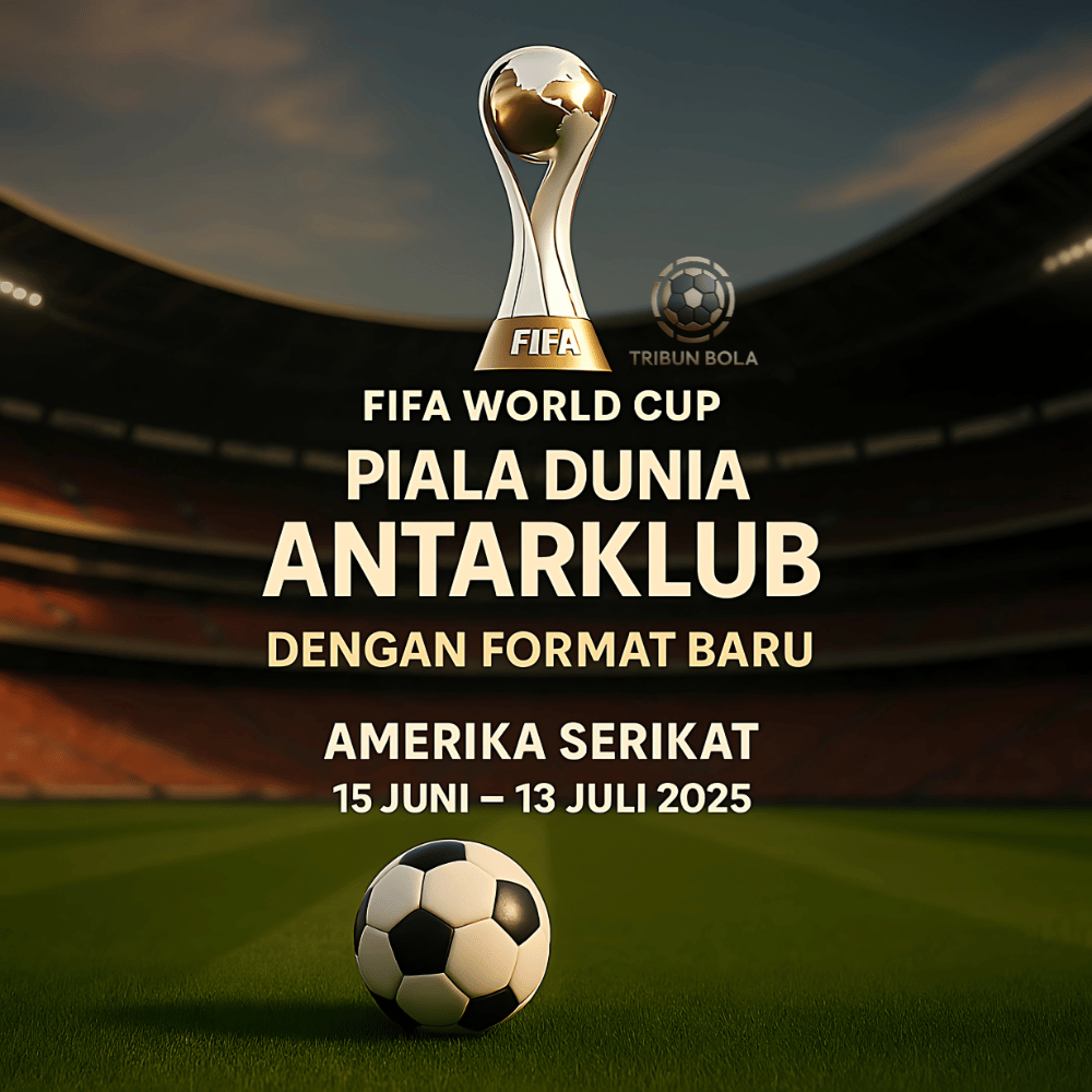 Trofi Piala Dunia Antarklub 2025 di stadion dengan bola di lapangan dan teks pengumuman turnamen