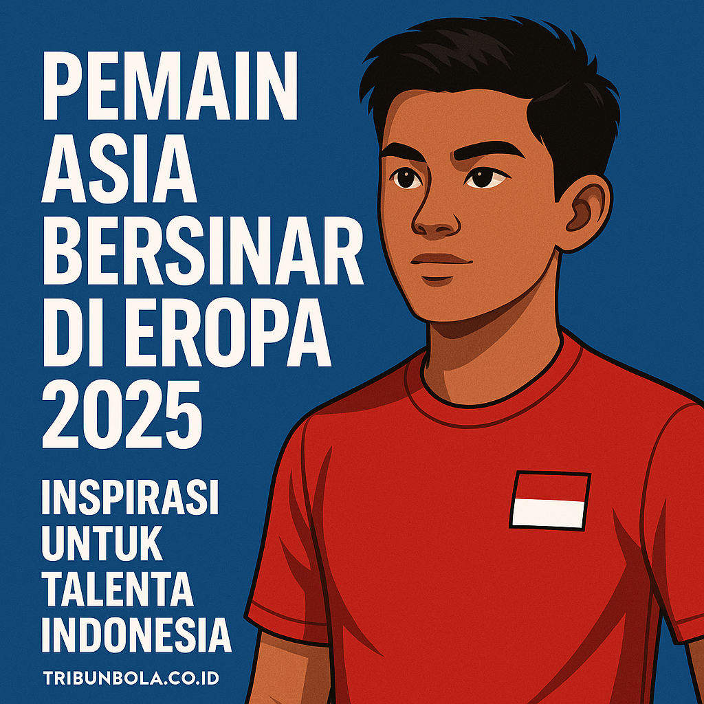 Pemain Asia bersinar di Eropa 2025, ilustrasi karakter animasi pesepak bola muda Indonesia dengan jersey merah dan bendera, inspirasi talenta sepak bola Indonesia